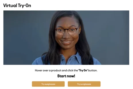 A screenshot of the EyeBuyDirect website showing the Virtual Try-On feature.