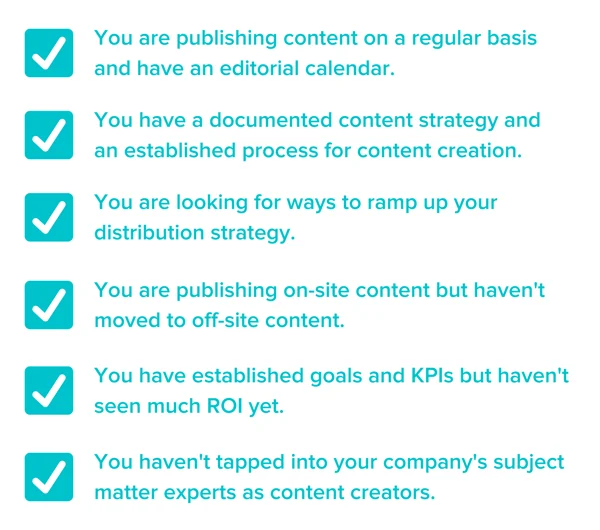 Intermediate Content Strategy graphic An infographic formatted like a checklist showing the signs that an organization has an intermediate content strategy.