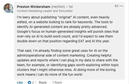 Preston LinkedIn Screenshot A screenshot of a response to G DIGITAL MARKETING PTE. LTD.'s Content & PR Division's LinkedIn post.